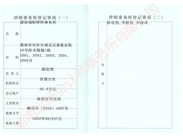 湖南瑞财律师事务所执业许可证（副本)